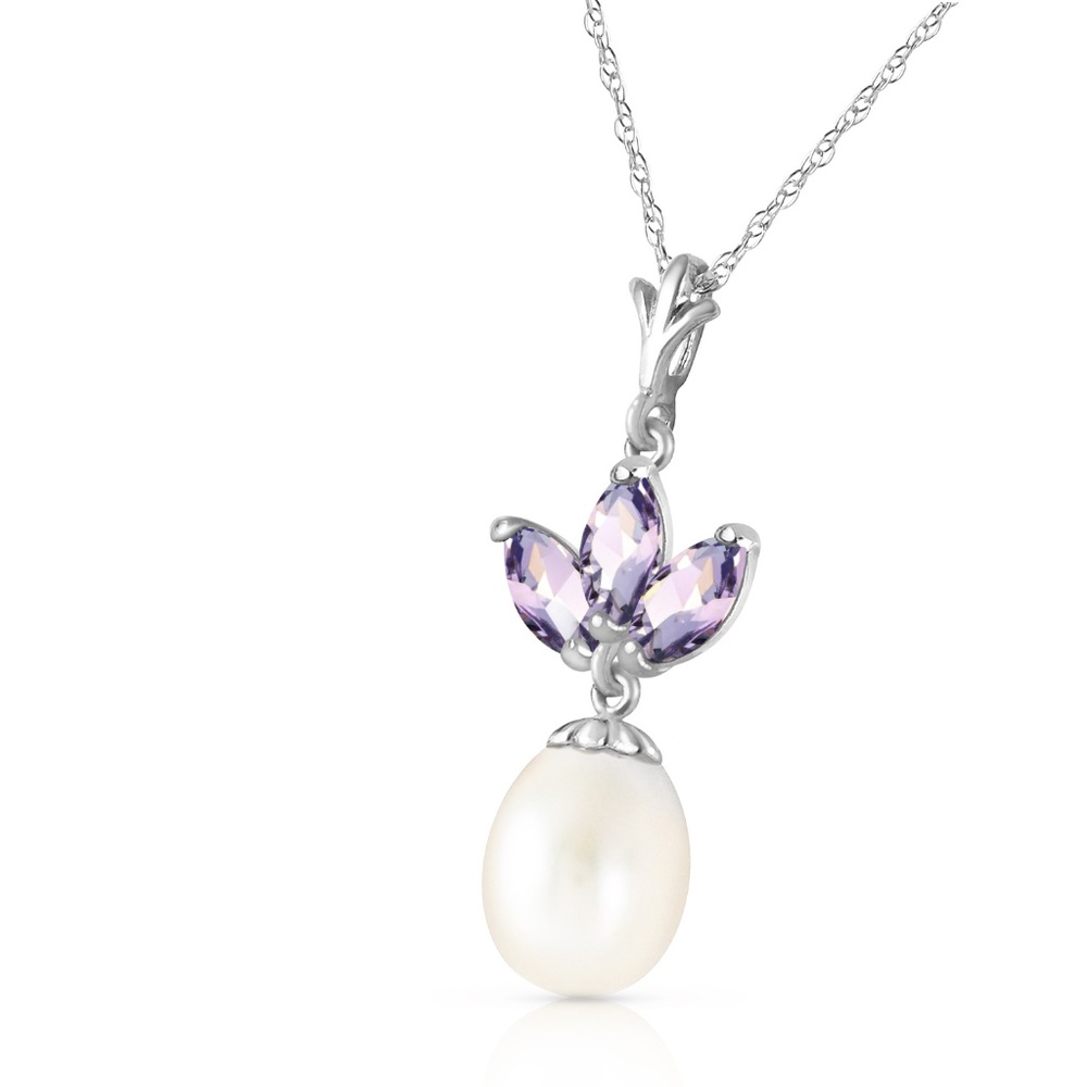 14K. SOLID GOLD NECKLACE WITH PEARL & TANZANITES (White Gold)